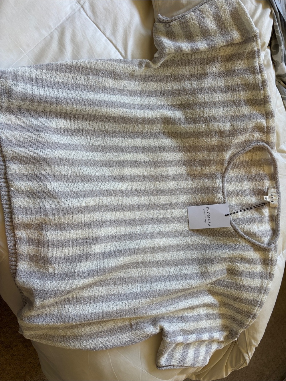 Vici Cream and Gray Striped Short Sleeve Sweater